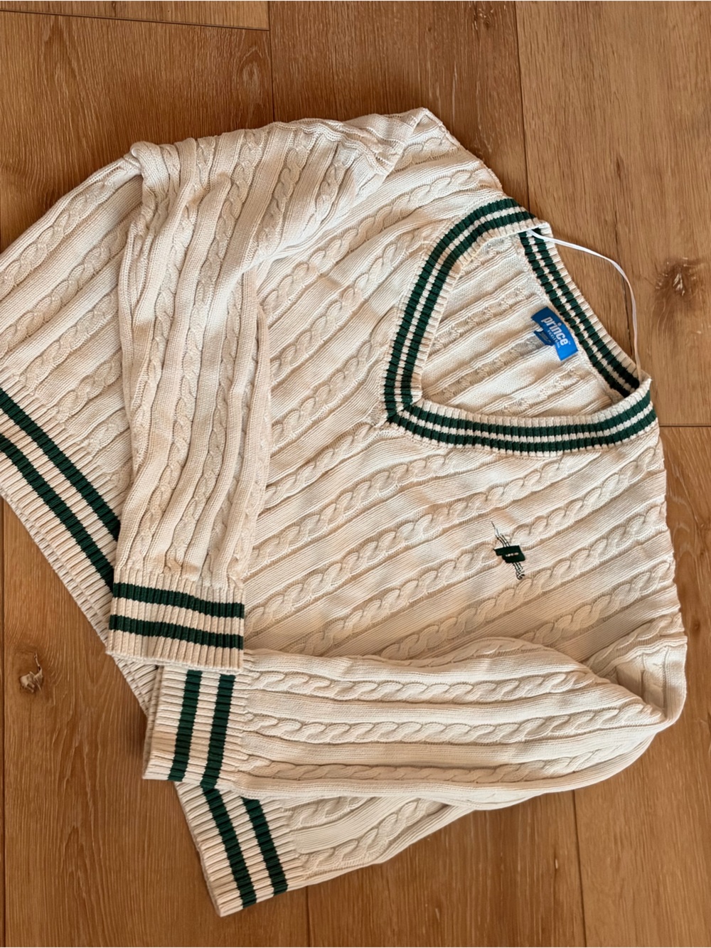 Prince Cream Cable-Knit V-Neck Sweater with Green Stripe Trim